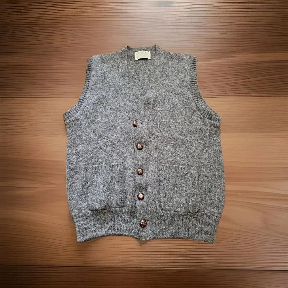 Vintage 70s 80s The Moors Lord Jeff Gray Shetland Wool Cardigan Sweater Vest...